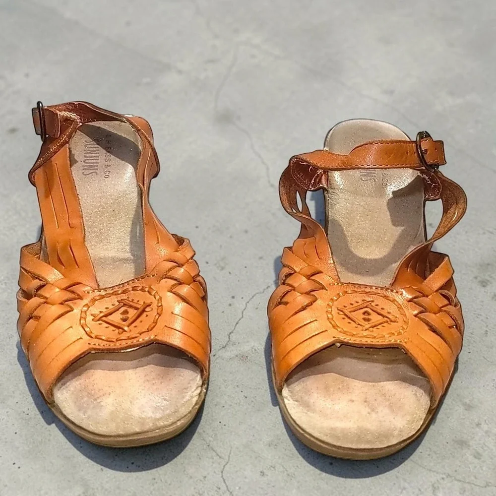VTG GH Bass Sunjun 8.5 Wedge Sandals  Woven Leather Ankle Strap Womens 90s Boho